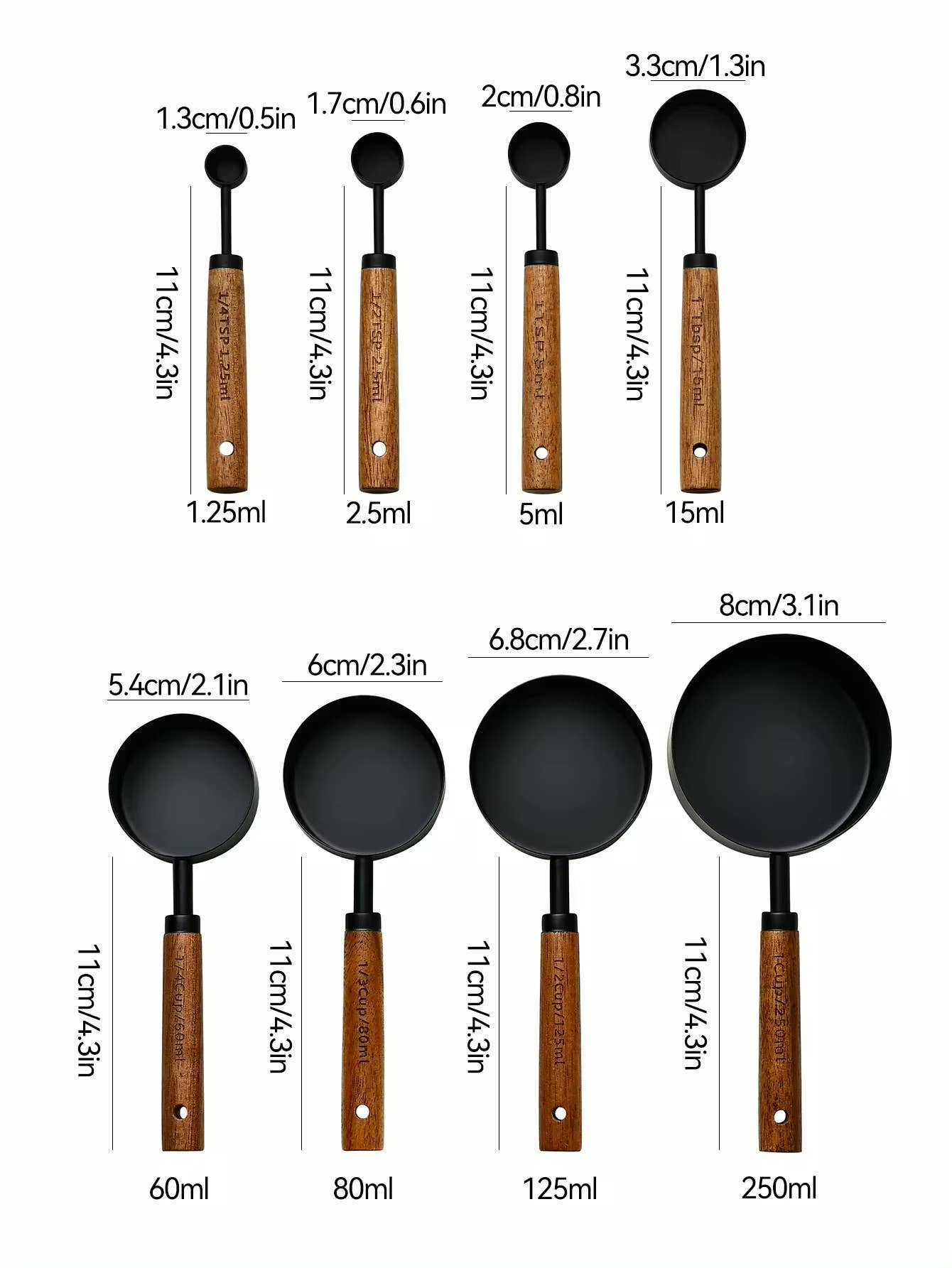 Black Stainless Steel Measuring Cups | Wooden Handle Kitchen Tools