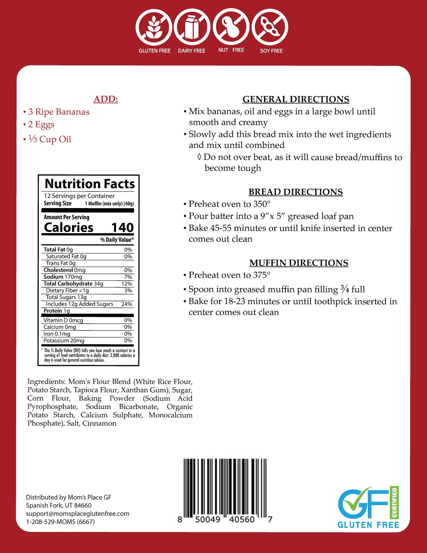 Mom's Place Gluten Free - Gluten-Free Banana Bread or Muffin Mix