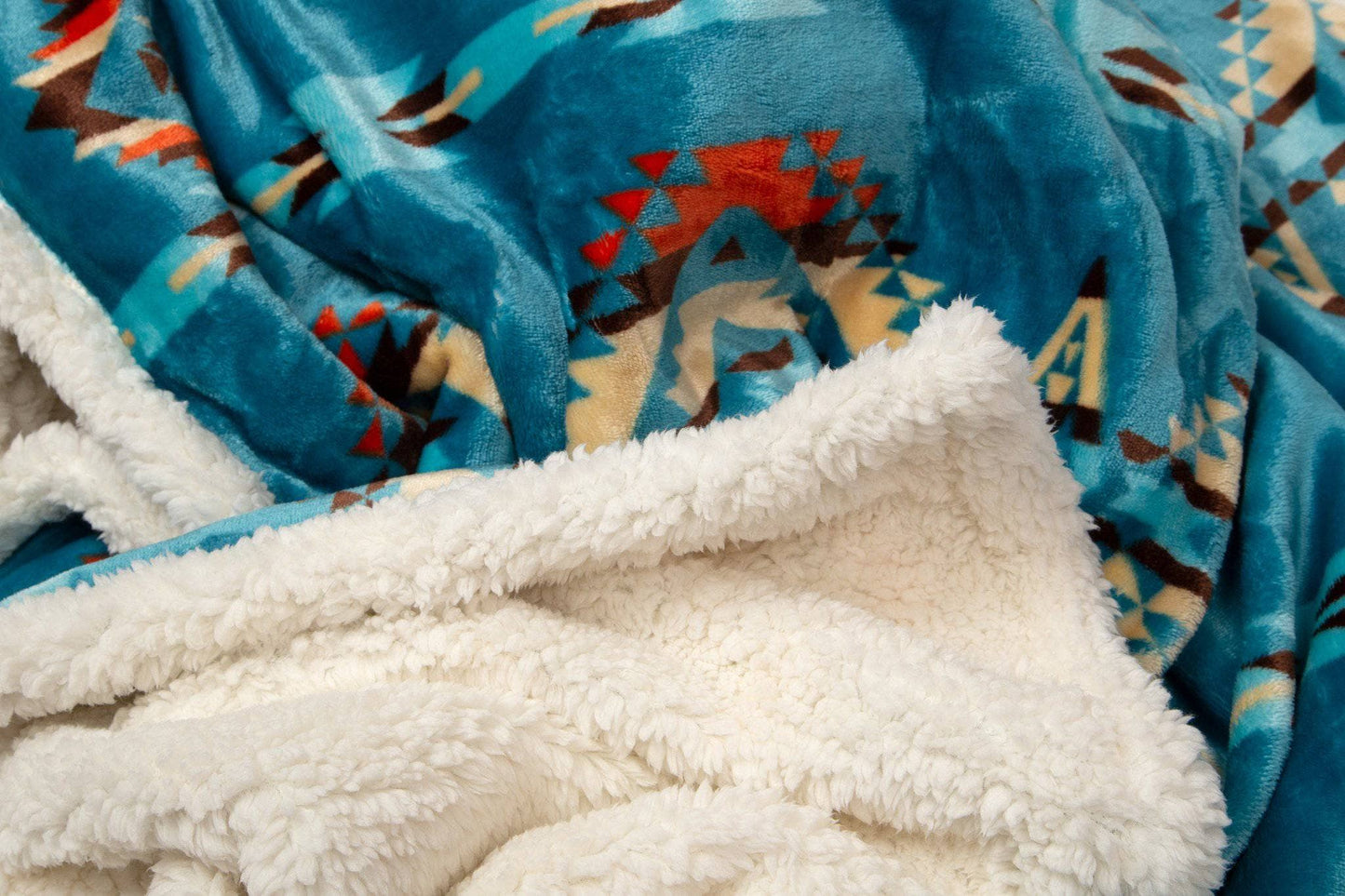 Southwestern Aztec Turquoise Plush Fur Sherpa Borrego Fleece Throw Blanket