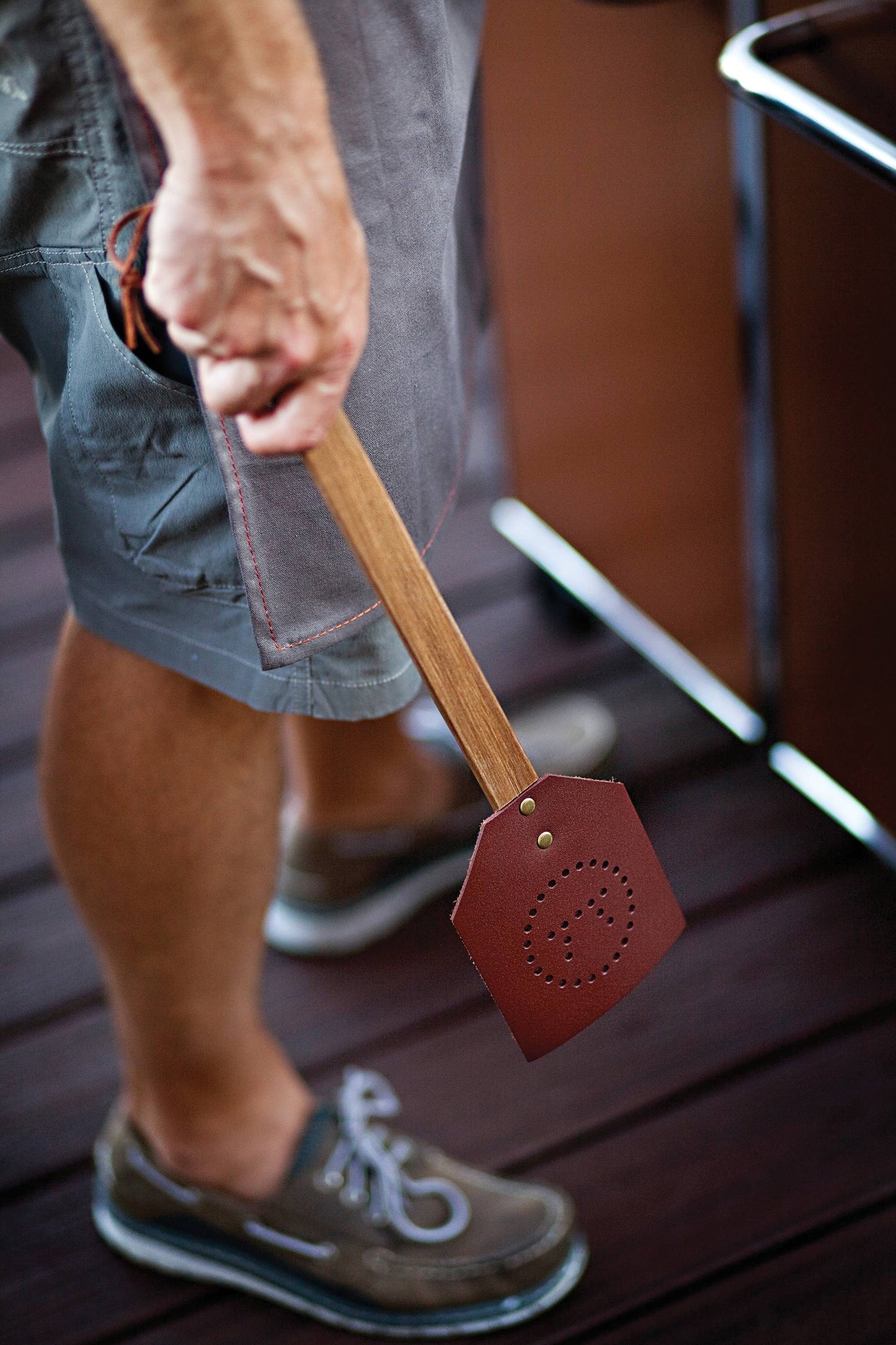 Outset Acacia and Leather Fly Swatter, 17.5" x 4.25"
