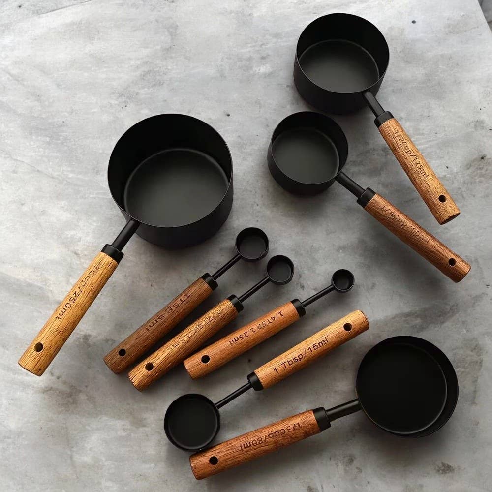 Black Stainless Steel Measuring Cups | Wooden Handle Kitchen Tools