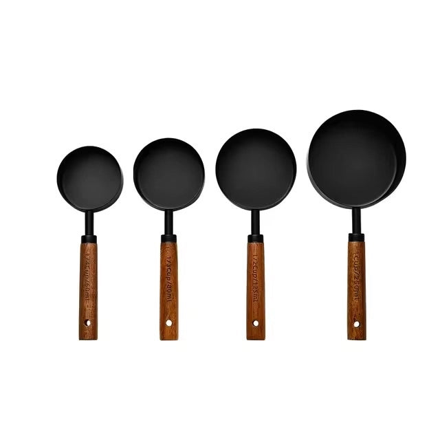 Black Stainless Steel Measuring Cups | Wooden Handle Kitchen Tools